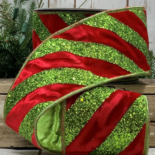 Listón líneas diagonal rojo/verde 4"x10yd