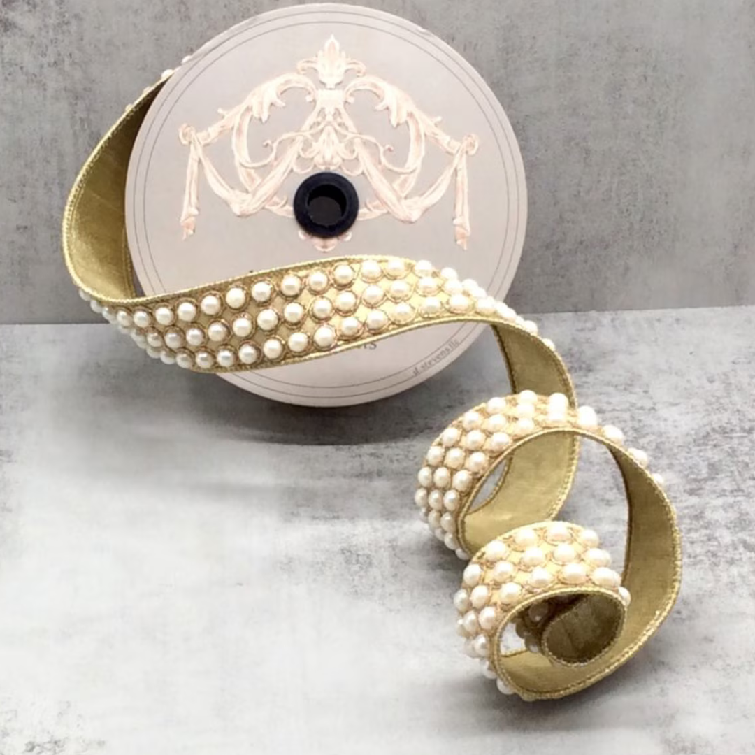 Listón Dorado con Perlas 1.5"x5yd