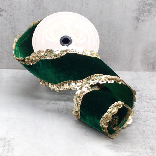 Listón Terciopelo Verde orilla Lentejuela Dorada 4"x 5yd