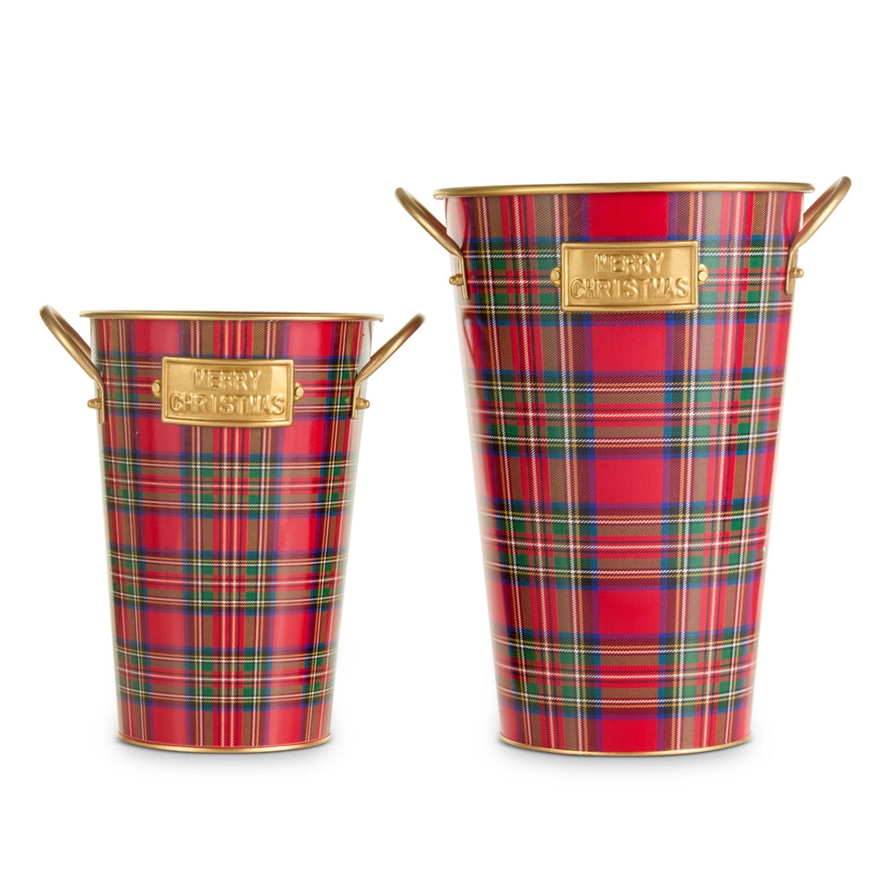 13.5" Red, Green and Gold Plaid Bucket Decor SET 2