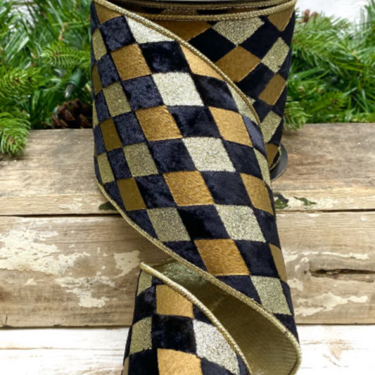 Listón Arlequín Negro/Dorado 4"x10yd