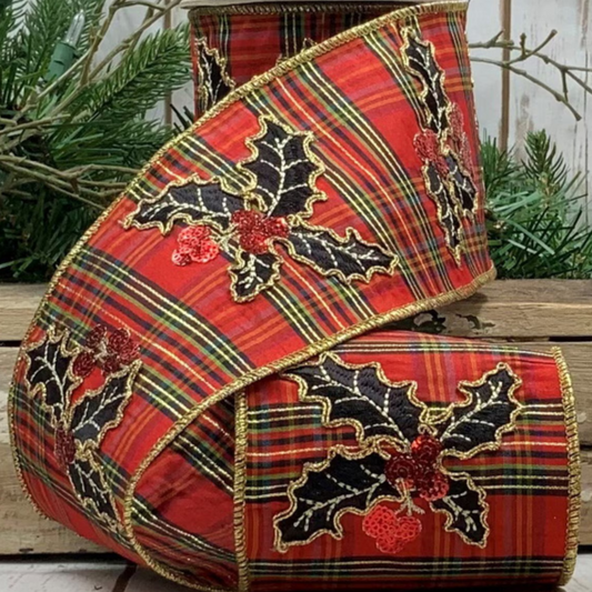 Listón Escosés Hoja Holly 4"x5yd