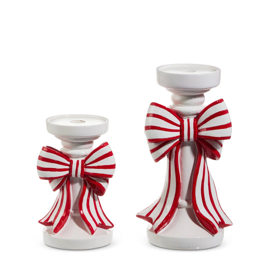 Set de 2 Portavelas con Moño de Rayas Rojas y Blancas 10"