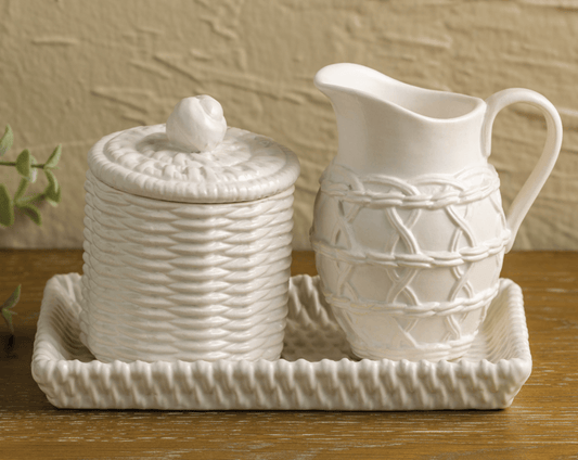 Crema/Azucarera Canasta Ceramica Blanca