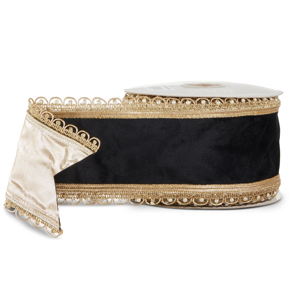 4" X 10 Yds Black Velvet Pearl Edge Wired Ribbon