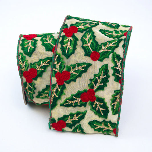 Listón Hojas Holly verde/rojo 4"x10yd