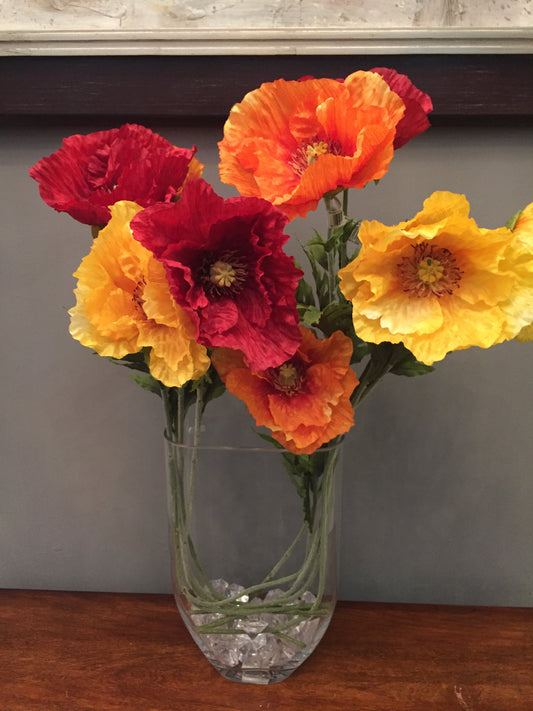 Flor artificial tipo Amapola Gigante (por pieza, 3 colores disponibles: roja, naranja y amarilla)